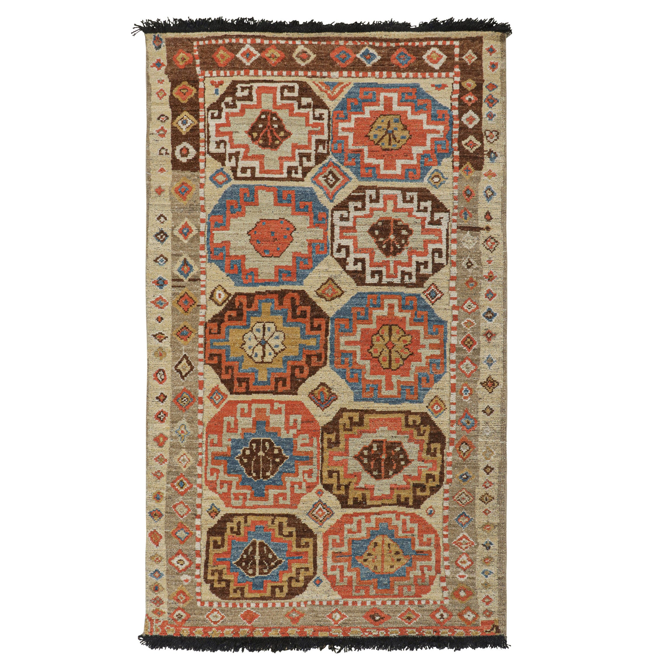 Rug & Kilim’s Tribal-Style Runner in Beige with Blue and Red Medallions For Sale