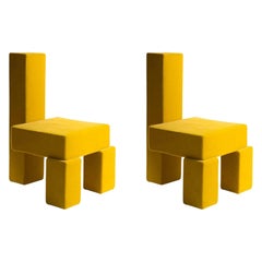 Set of 2 Contemporary Block Form Yellow Velvet Chair by Pietro Franceschini