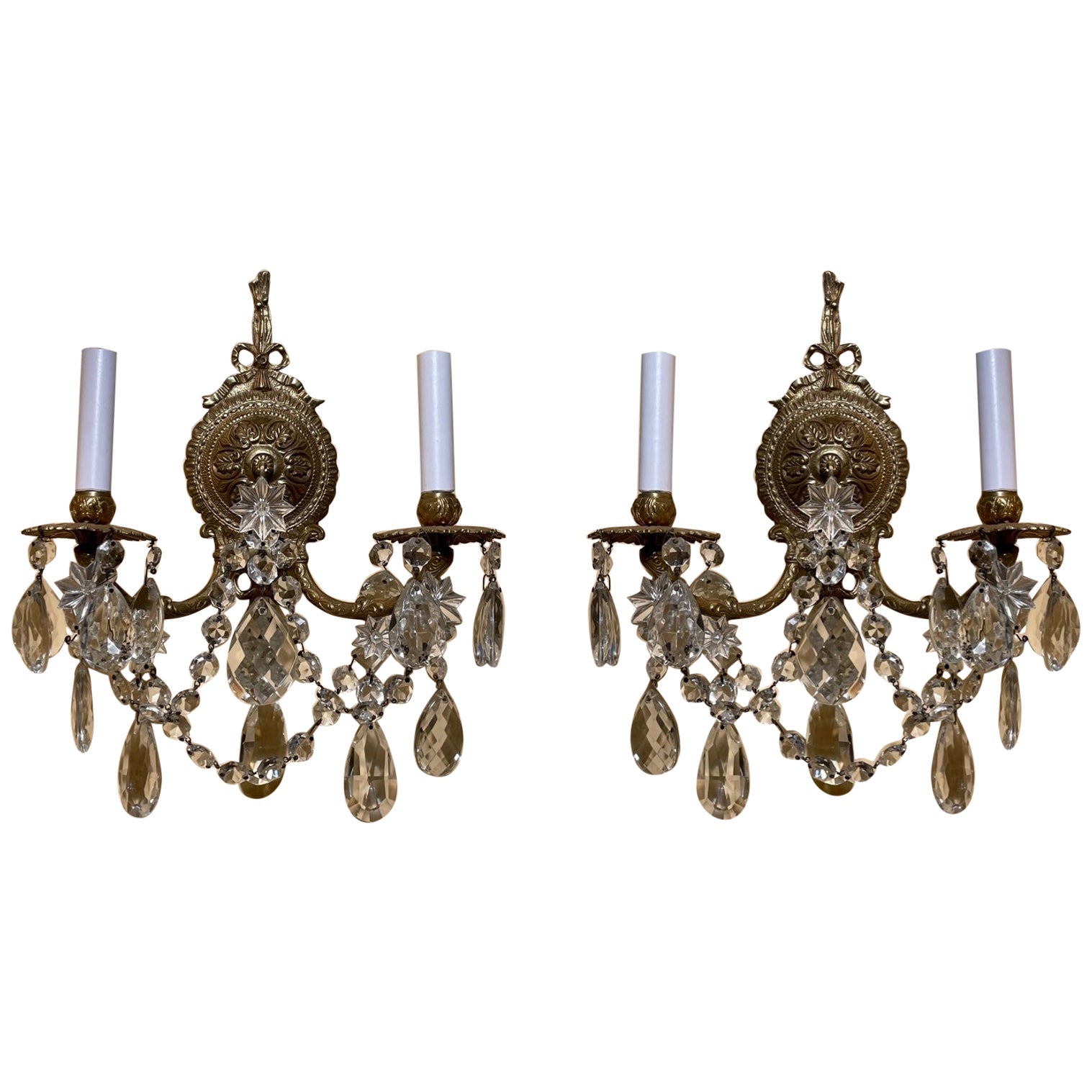 Pair Antique French Crystal and Gold Bronze 2 Light Sconces, circa 1900 For Sale