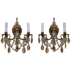 Pair Antique French Crystal and Gold Bronze 2 Light Sconces, circa 1900