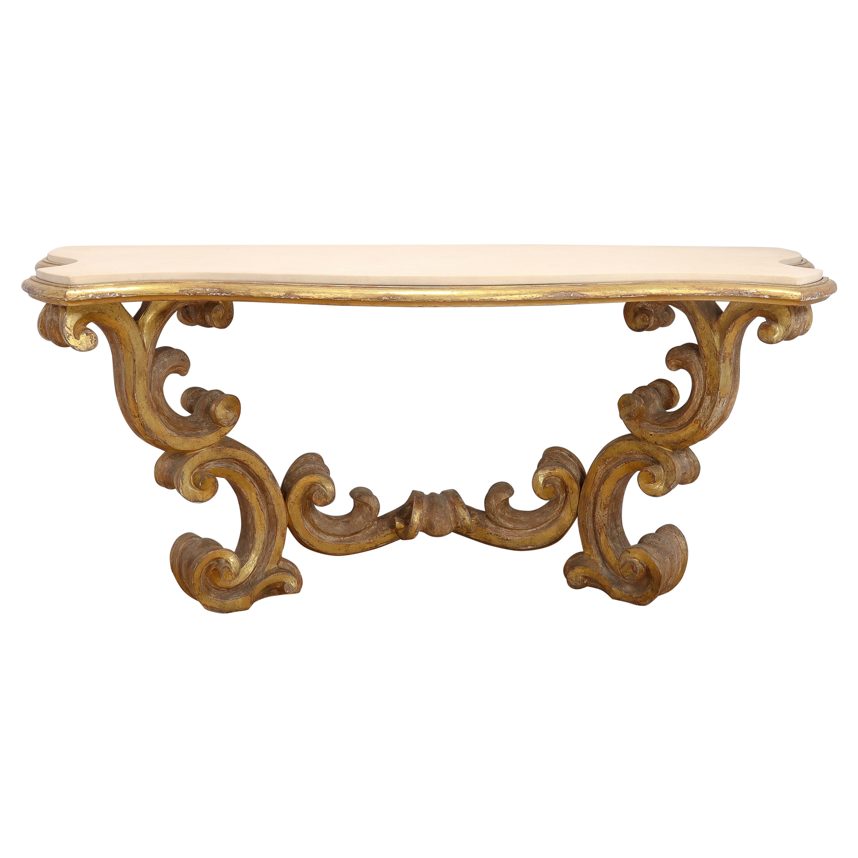 Gessoed & Gilt Rococo / Louis XV Style Demilune Console Table with Limestone For Sale