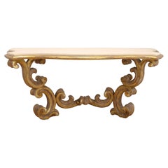 Gessoed & Gilt Rococo / Louis XV Style Demilune Console Table with Limestone