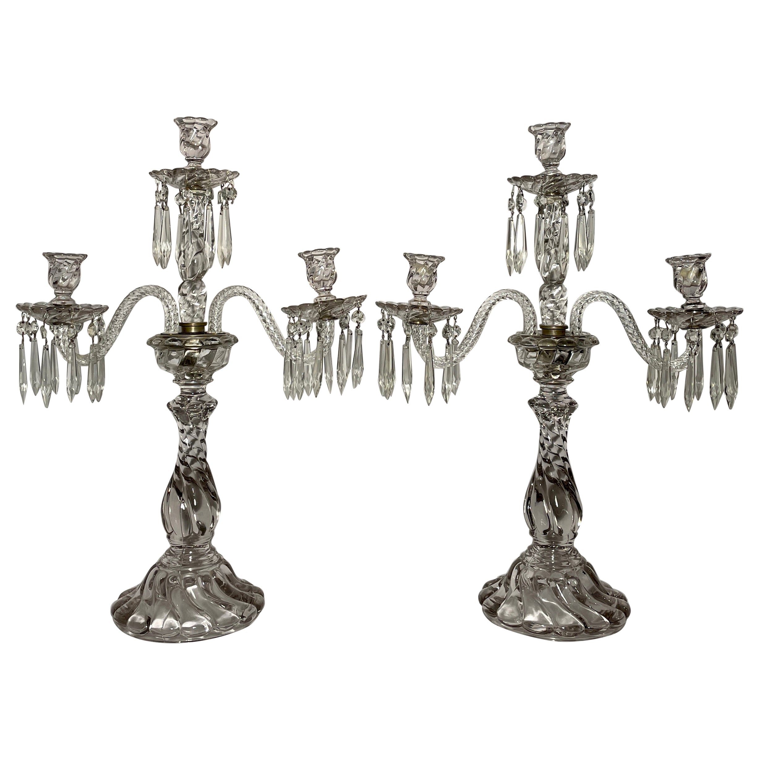 Pair Antique French Cut Crystal 3 Candle Cup Candelabra, circa 1890-1900