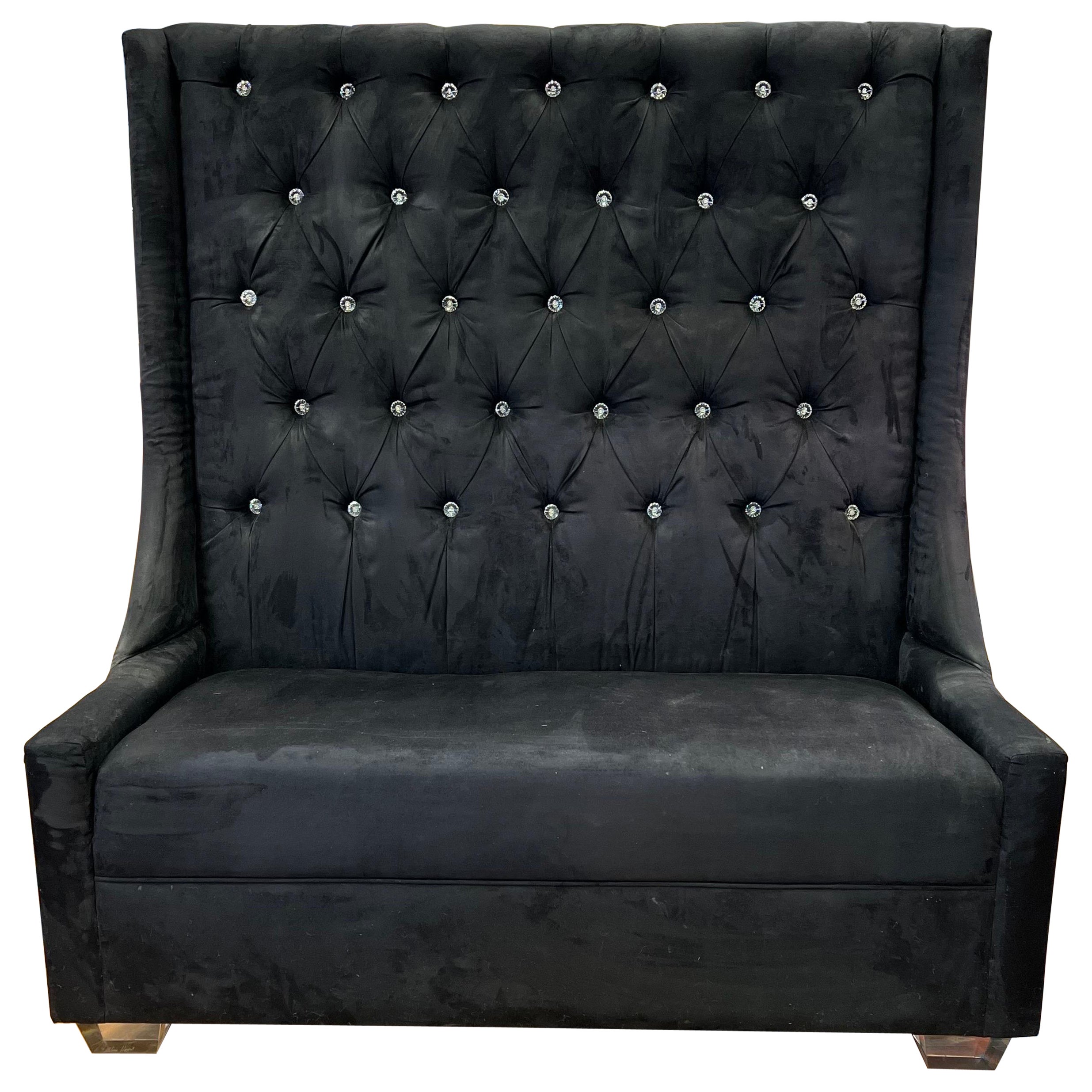 Tall Tufted Black Suede Leather Settee Sofa Banquette Loveseat by Shlomo Haziza