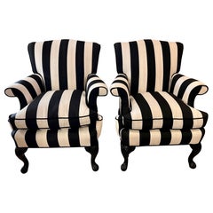 Pair of Black and White Striped Carved Lounge Chairs Armchairs Bergeres