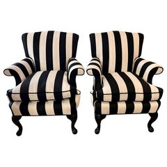 Pair of Black and White Striped Carved Lounge Chairs Armchairs Bergeres