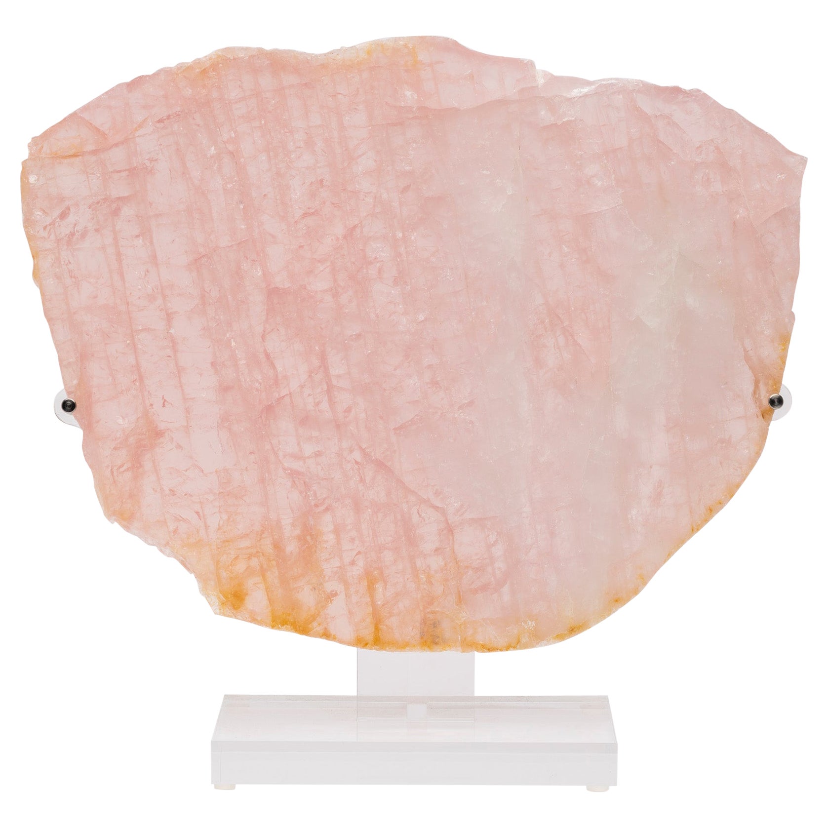 Brazilian Rose Quartz Polish Slab on a Custom Acrylic Stand For Sale