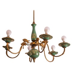 Vintage Art Deco Brass and Painted Terracotta Chandelier with Lion Friezes, 1950s