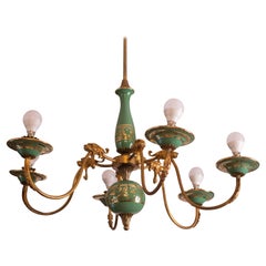 Lampadario Art Déco in ottone e terracotta dipinta con fregi di leoni, anni '50