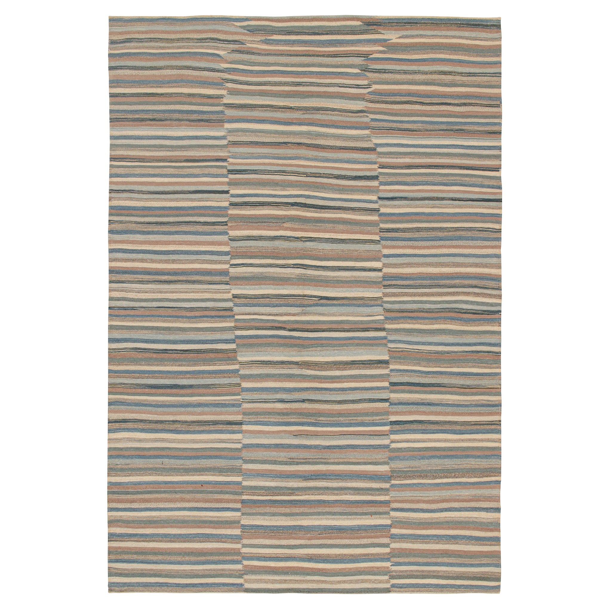Vintage Persian Kilim with Panels in Beige-Brown and Blue Stripes by Rug & Kilim For Sale