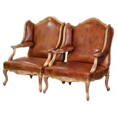 Antique Pair 19th Century French Regence Giltwood & Leather "Fauteuils de Confessional"