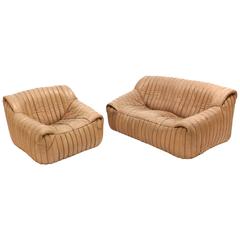 Ligne Roset Beige Ribbed Leather Loveseat and Chair