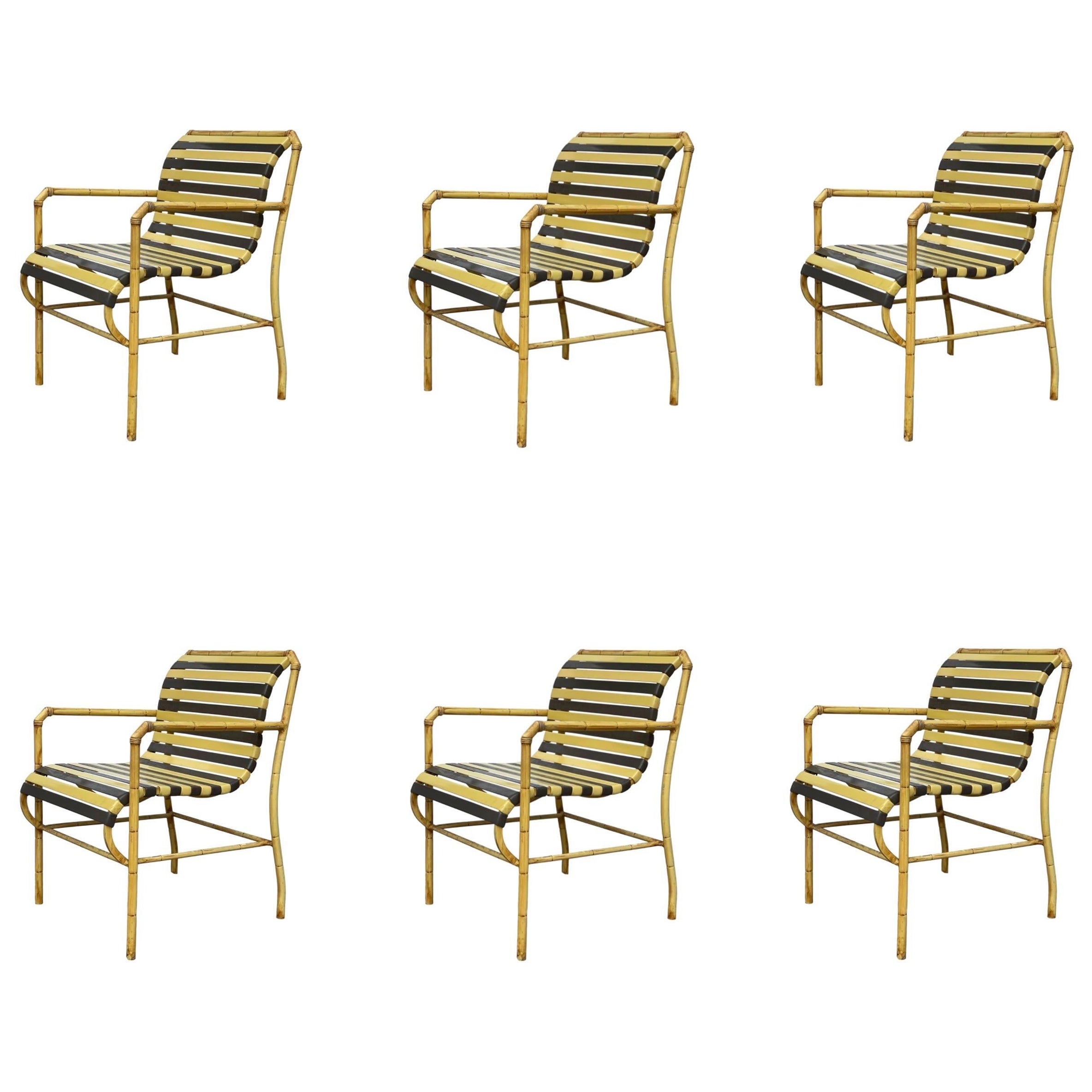 1970s Vintage Faux Bamboo Aluminum Yellow Hauser Pool Patio Dining Chairs