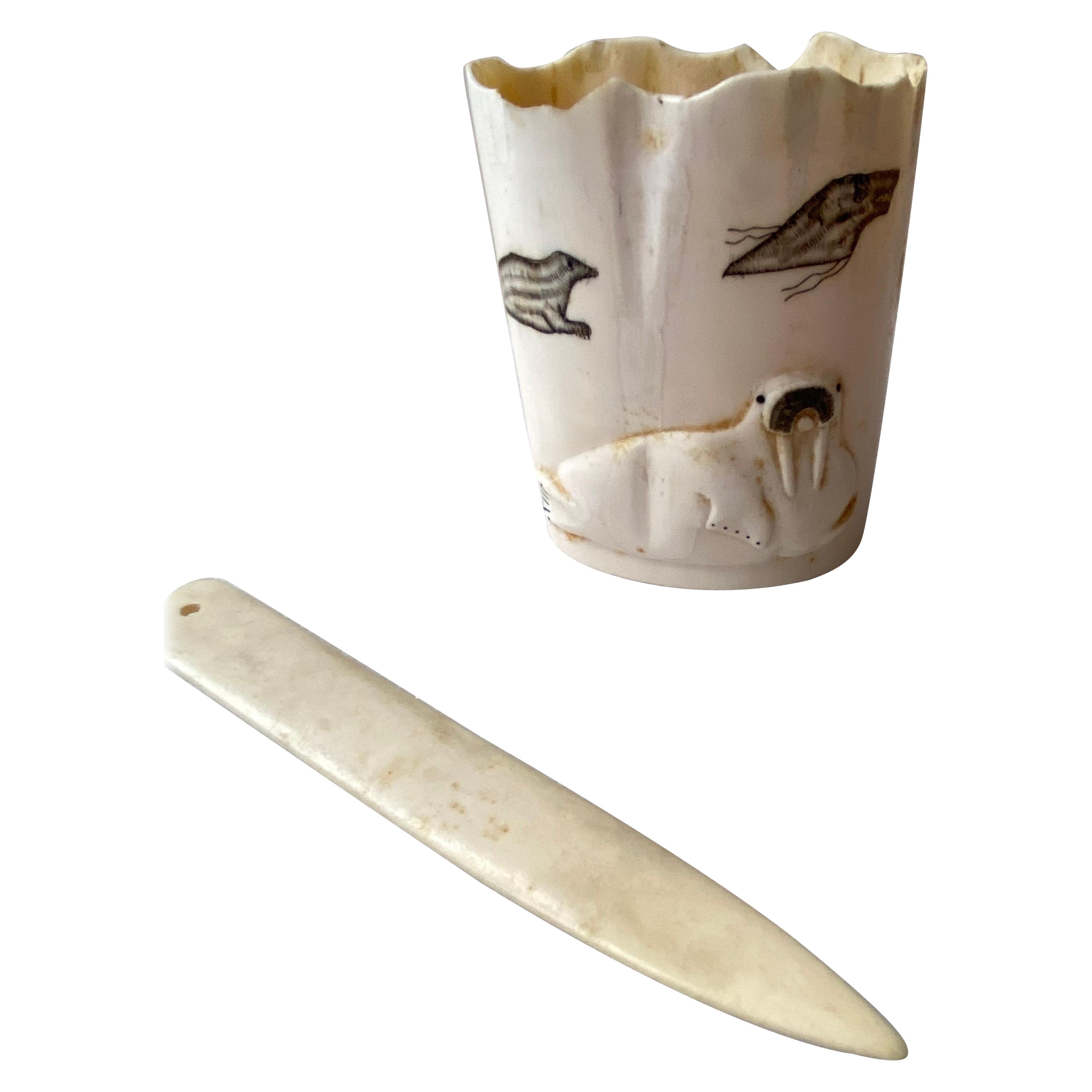Inuit Walrus Tusk Pencil Holder and Letter Opener