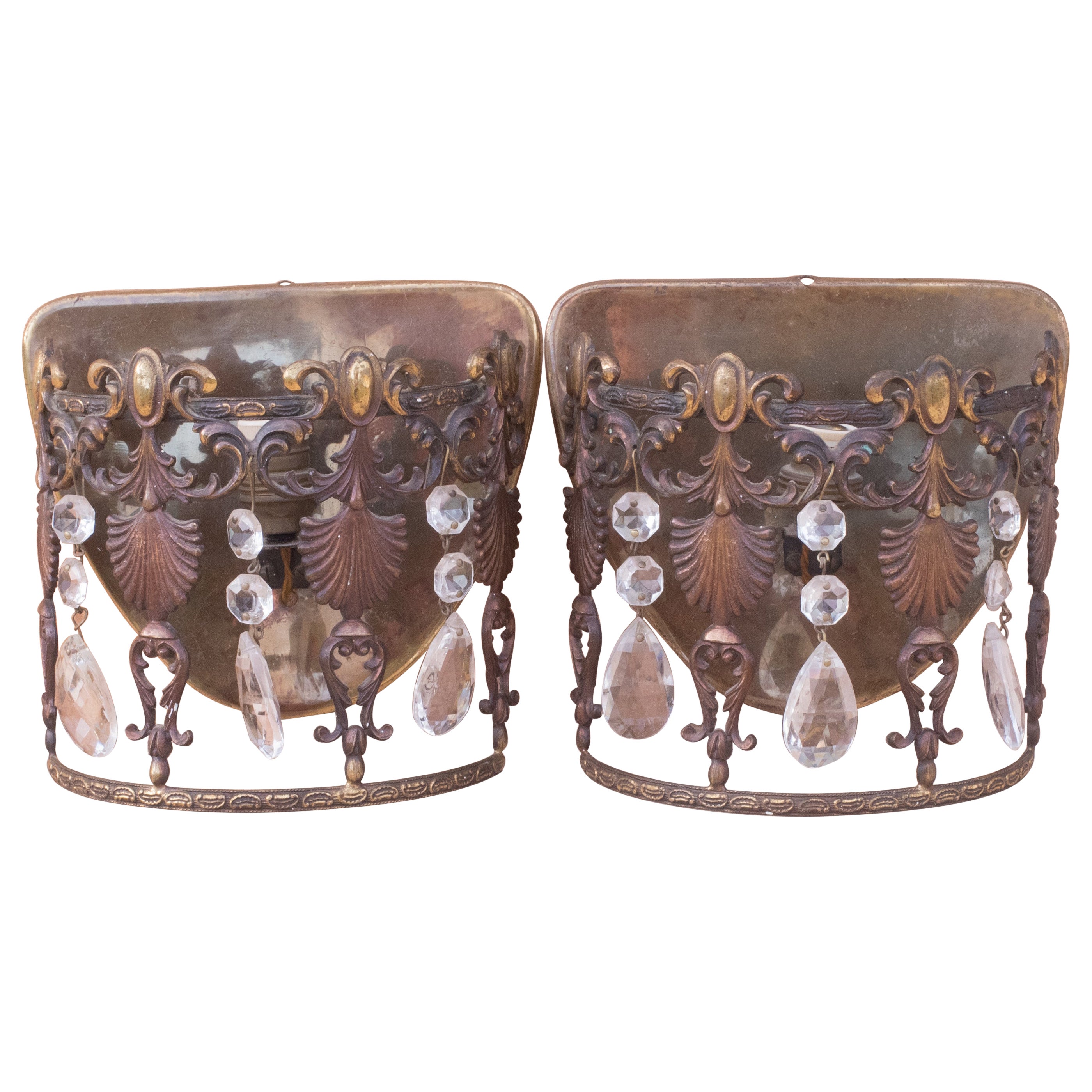 Pair of Art Deco Brass and Crystal Bedside Lamps, 1940s For Sale