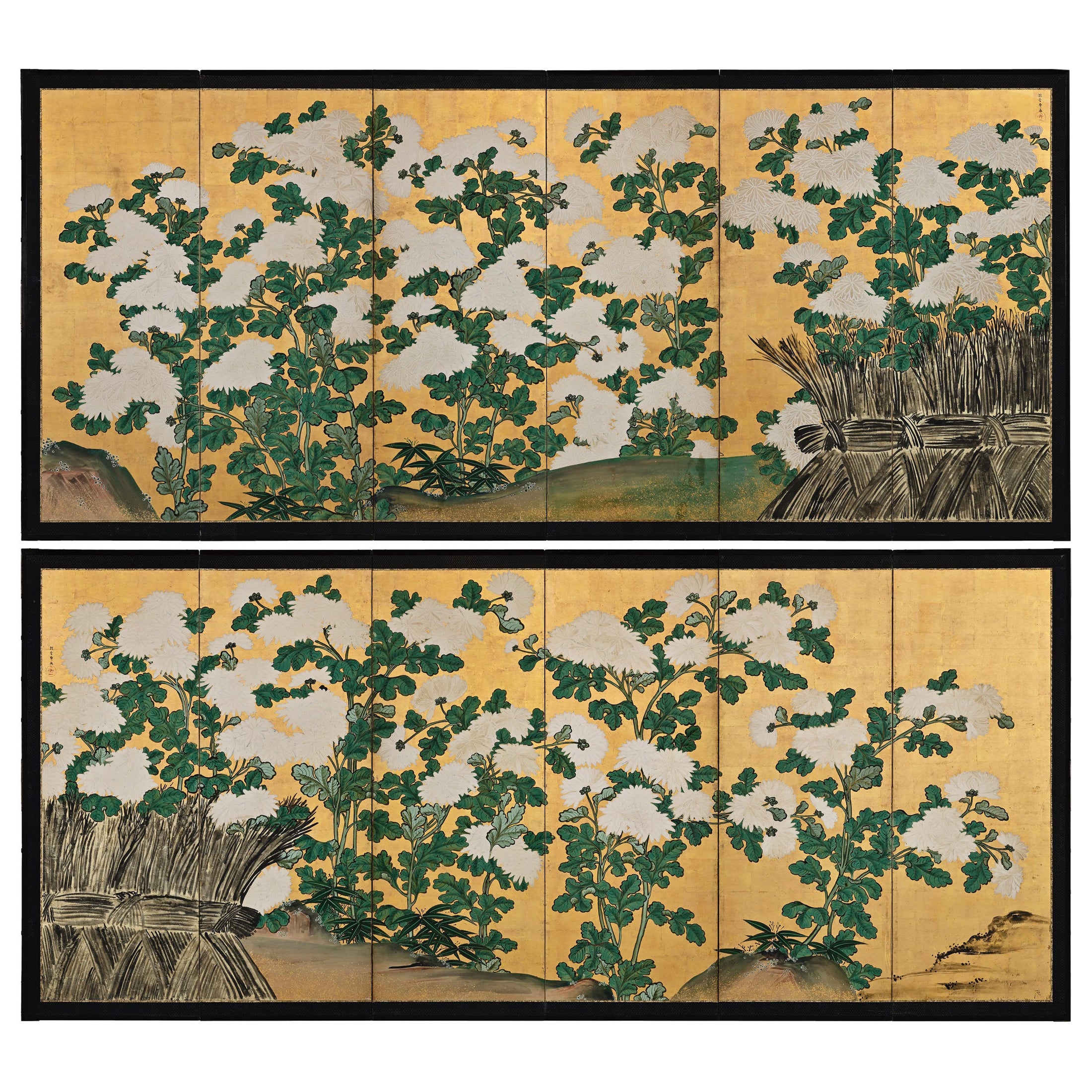 Paire de paravents japonais du milieu du XVIIIe siècle, Cent fleurs, chrysanthèmes