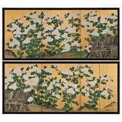 Mid-18th Century Japanese Screen Pair, One Hundred Flowers, Chrysanthemums