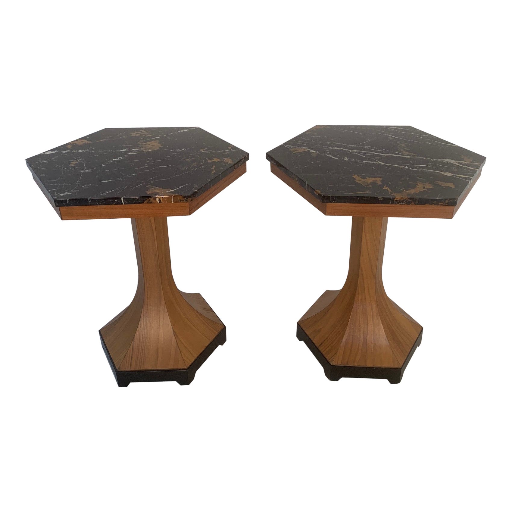 Pair Walnut and Marble-Top Pedestal Tables For Sale