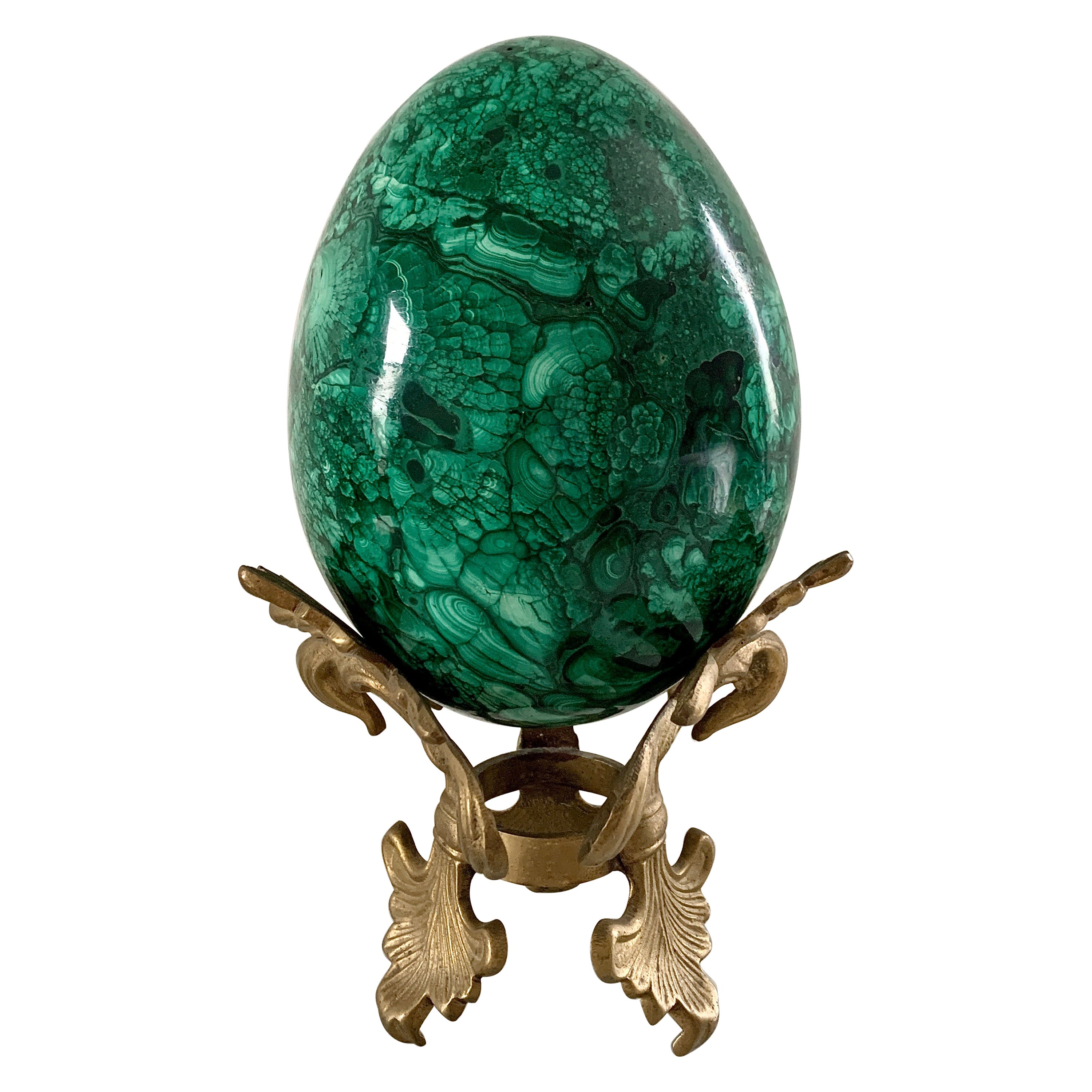 Large Solid Malachite Egg on Brass Stand