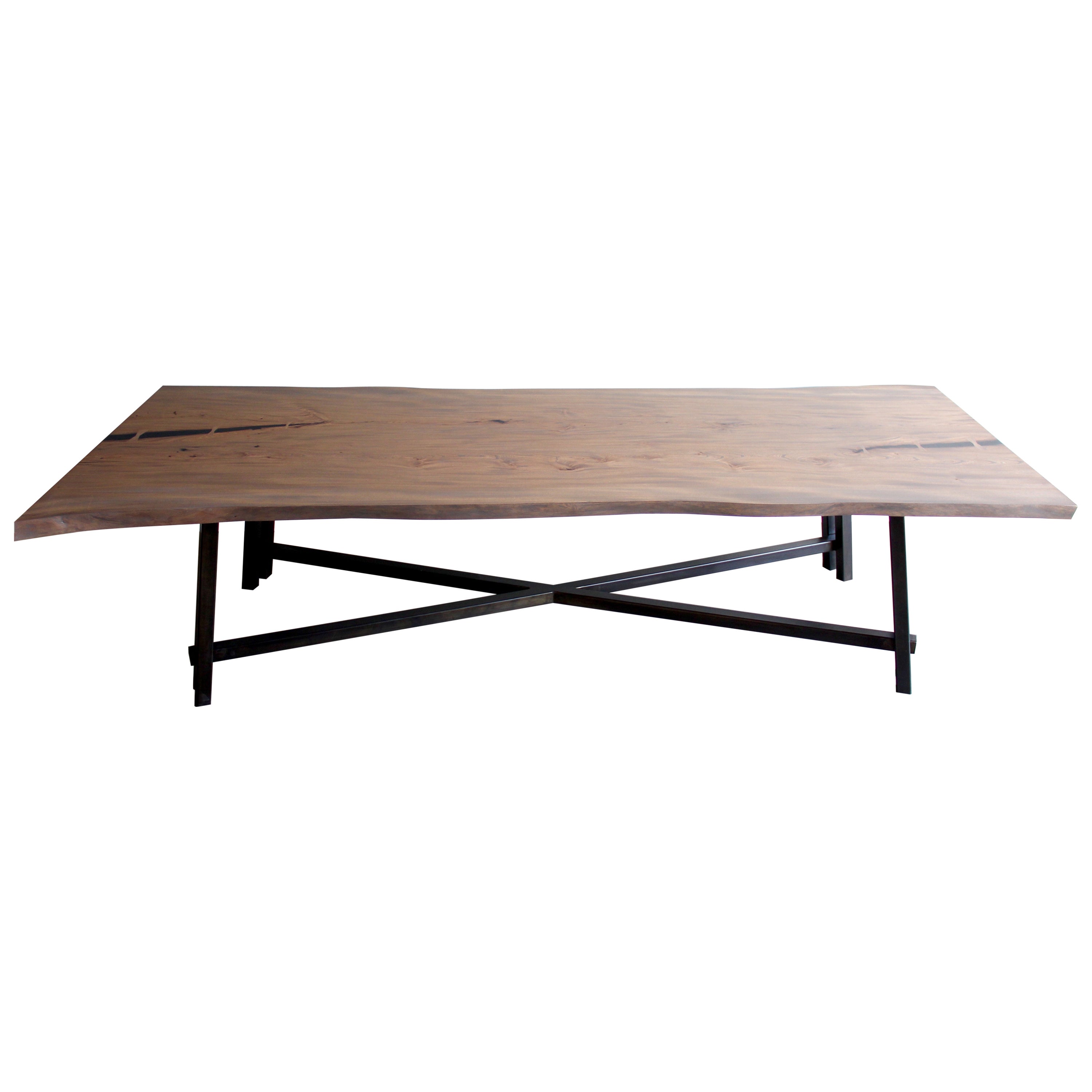 Live Edge Dining Table with Steel Intersecting Base For Sale