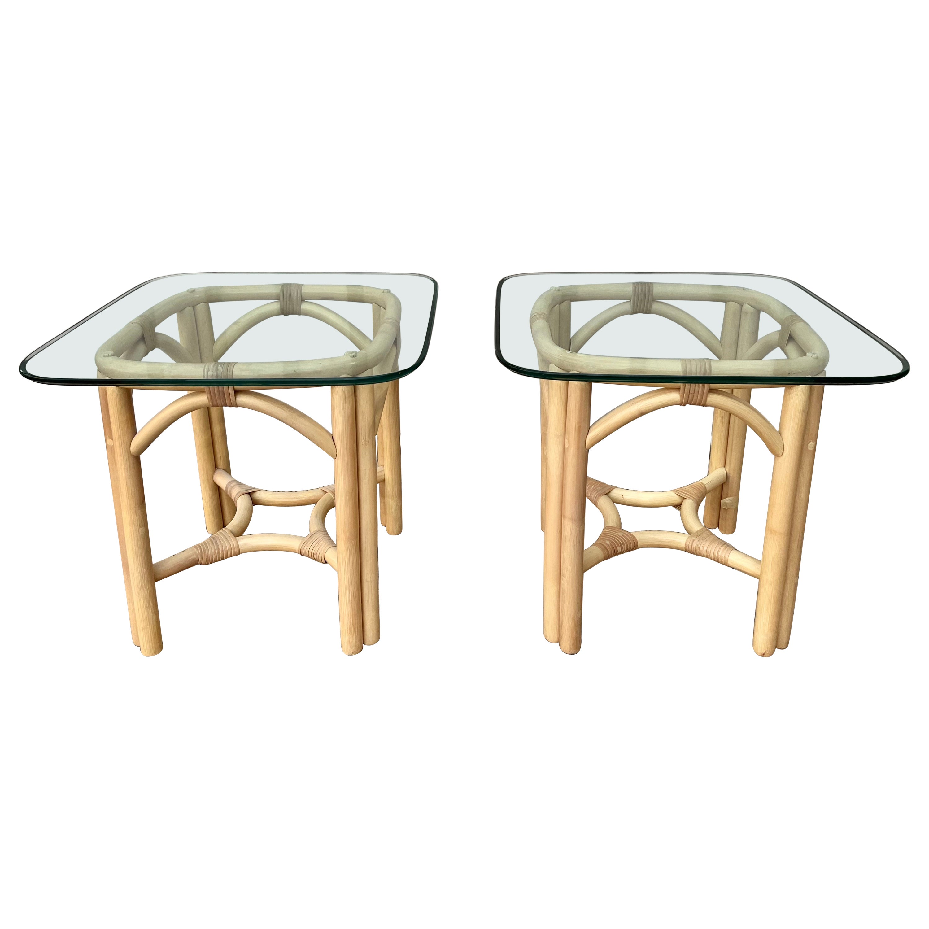 Pair of Vintage Coastal Style Rattan Glass-Top Side Tables, circa 1980s
