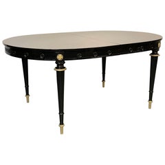 Hollywood Regency Dining Table, Jansen Style, Ebony Lacquer, Hand Carved, Bronze