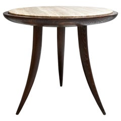 1950s Italian Round Coffee Table in Wood and Travertine Marble Top