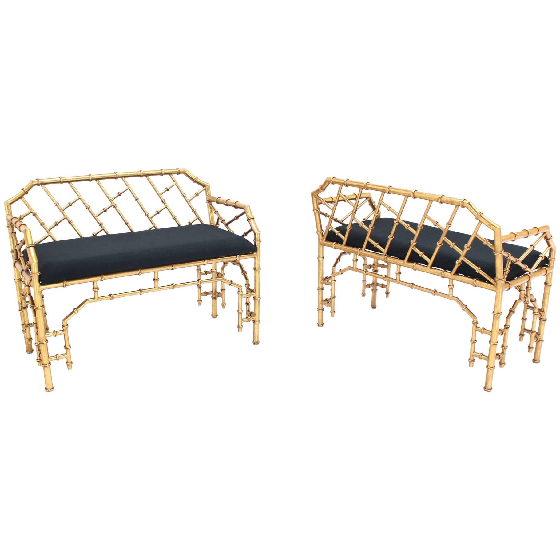 Pair of Gold Gilt Metal Faux Bamboo Upholstered  Window Benches