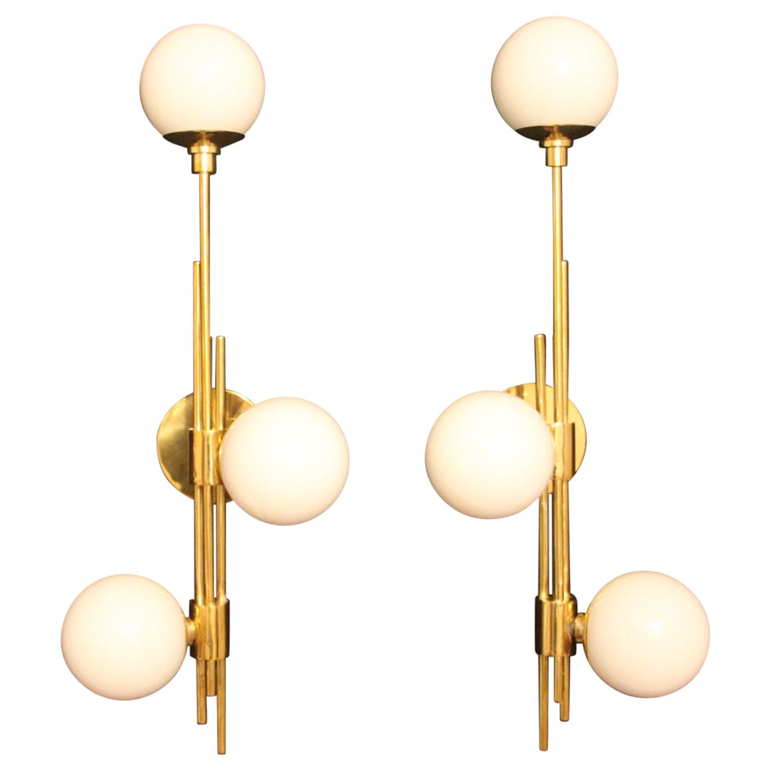 Modern Pair of Brass and White Glass Sconces, Stilnovo Style Wall Lights For Sale