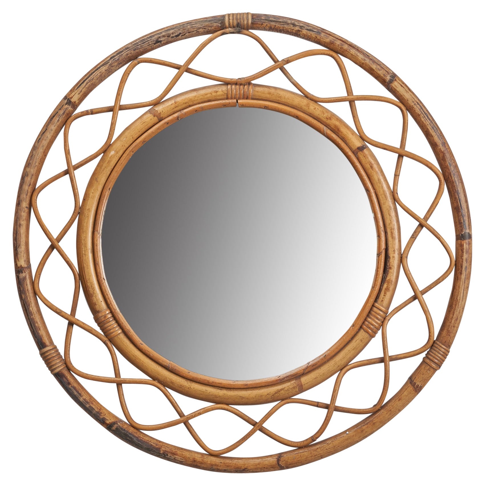 Swedish Designer, Wall Mirror, Rattan, Bamboo, Sweden, 1960s For Sale