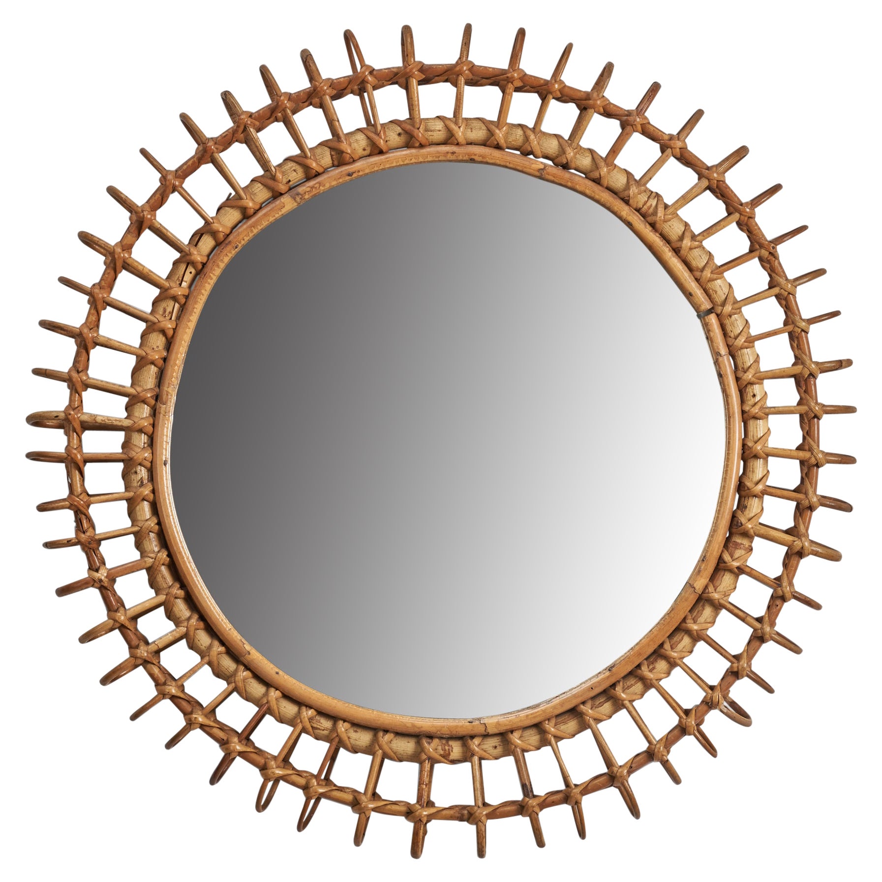 Italian Designer, Wall Mirror, Rattan, Glass, Italy, 1960s For Sale