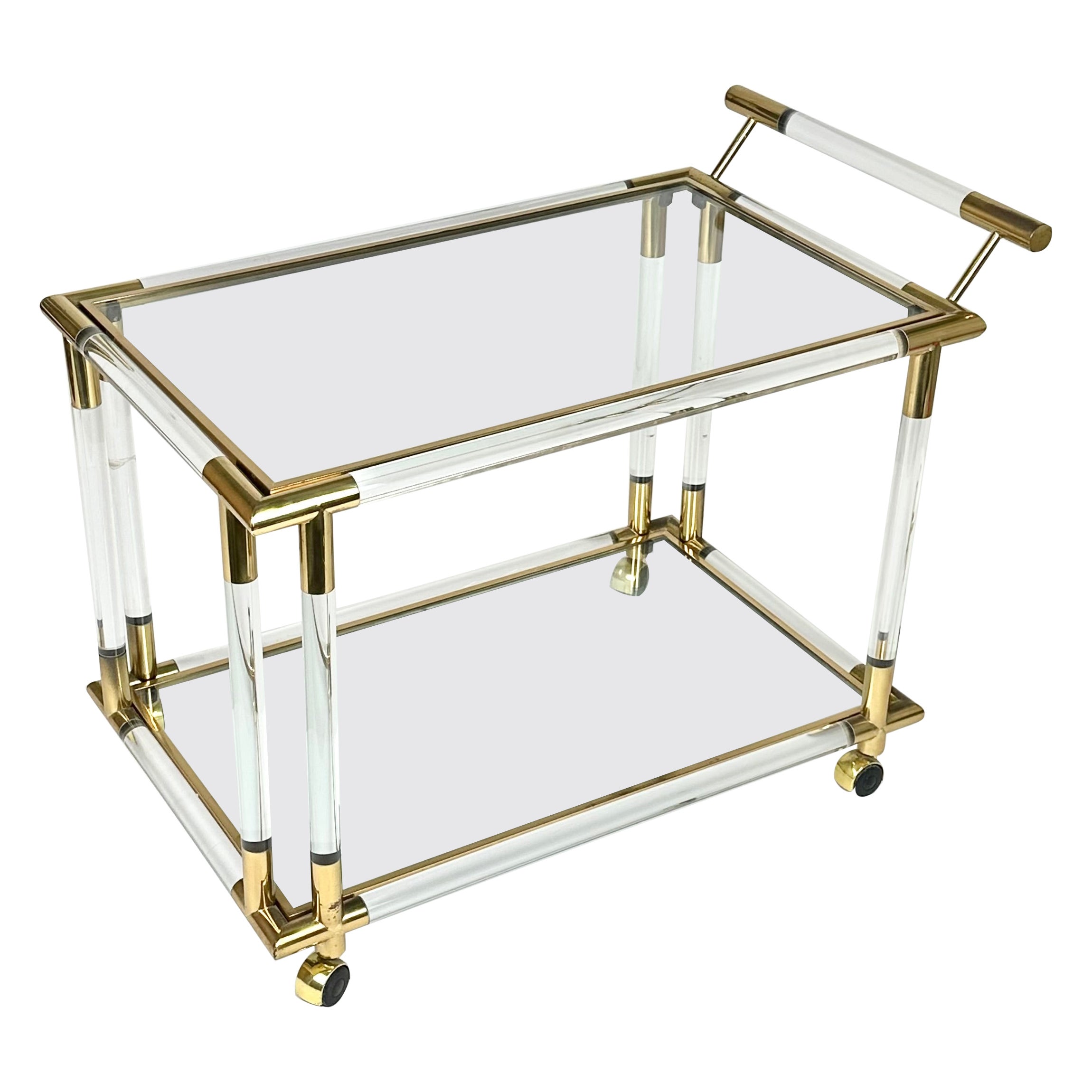 Serving Bar Cart in Lucite and Brass Charles Hollis Jones Style, Italy, 1970s For Sale