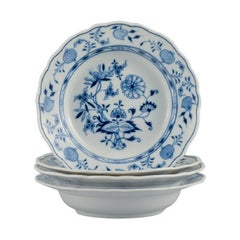 Meissen, a Set of Four Deep Plates, Hand Painted, Blue Onion, Late 19th Century