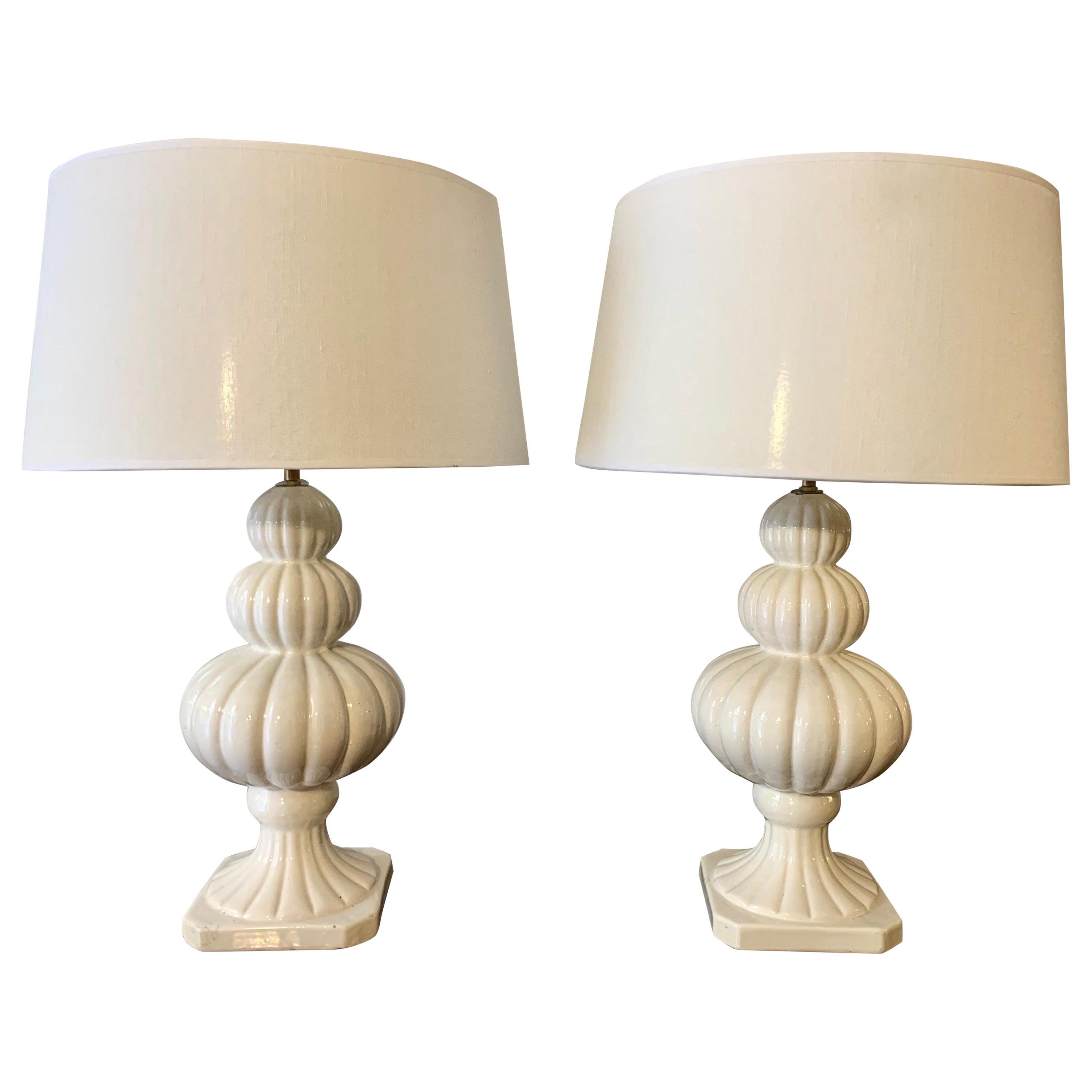 20th Midcentury Spanish Whithe Porcelain Table Lamps For Sale