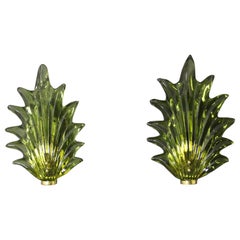 Vintage Pair of Olive Green Murano Glass Leaf and Brass Sconces in Barovier Style