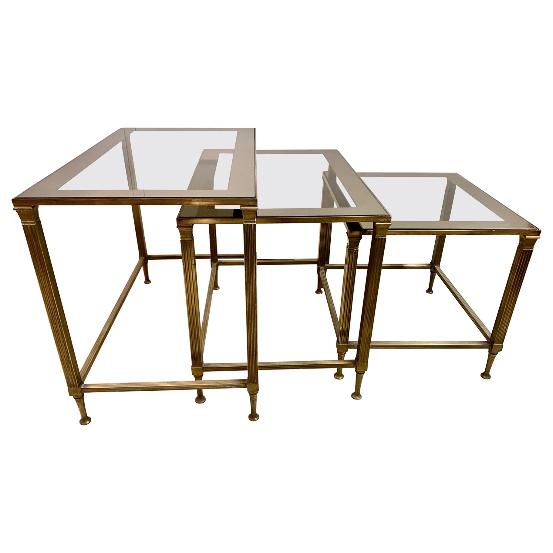 Mid-Century Modern Bronze and Glass Mirror Frame Nesting Tables