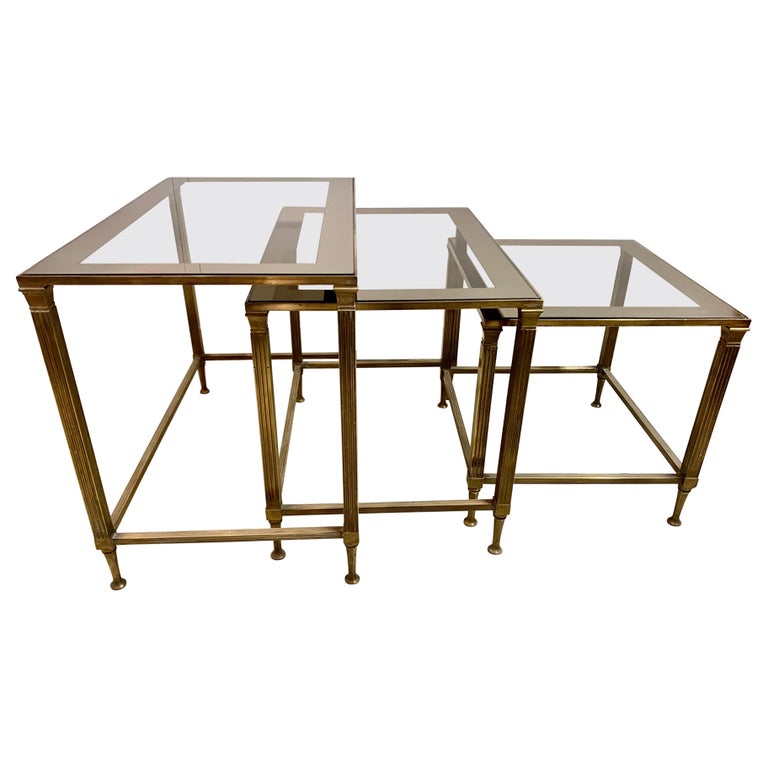 MidCentury Modern Bronze and Glass Mirror Frame Nesting Tables For