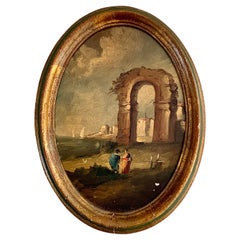 Vintage Italian Capriccio Framed Oil on Board Painting of a Landscape with Ruins