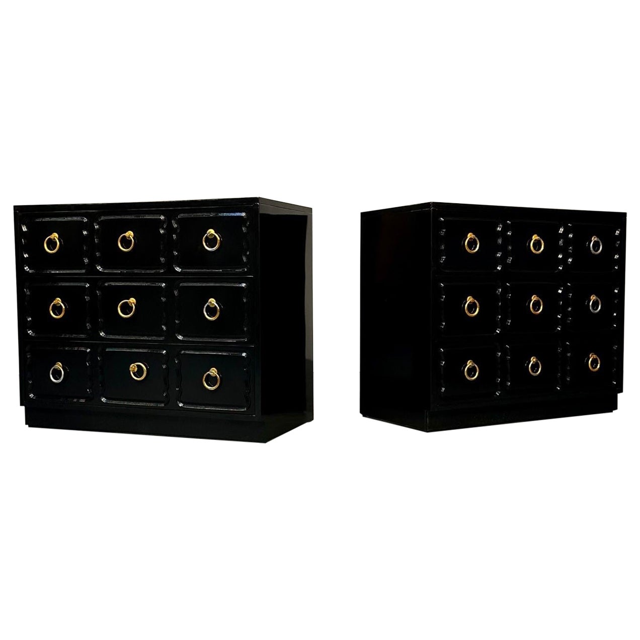 Pair Dorothy Draper for Heritage Style Espana Chests, Nightstands, Black Lacquer
