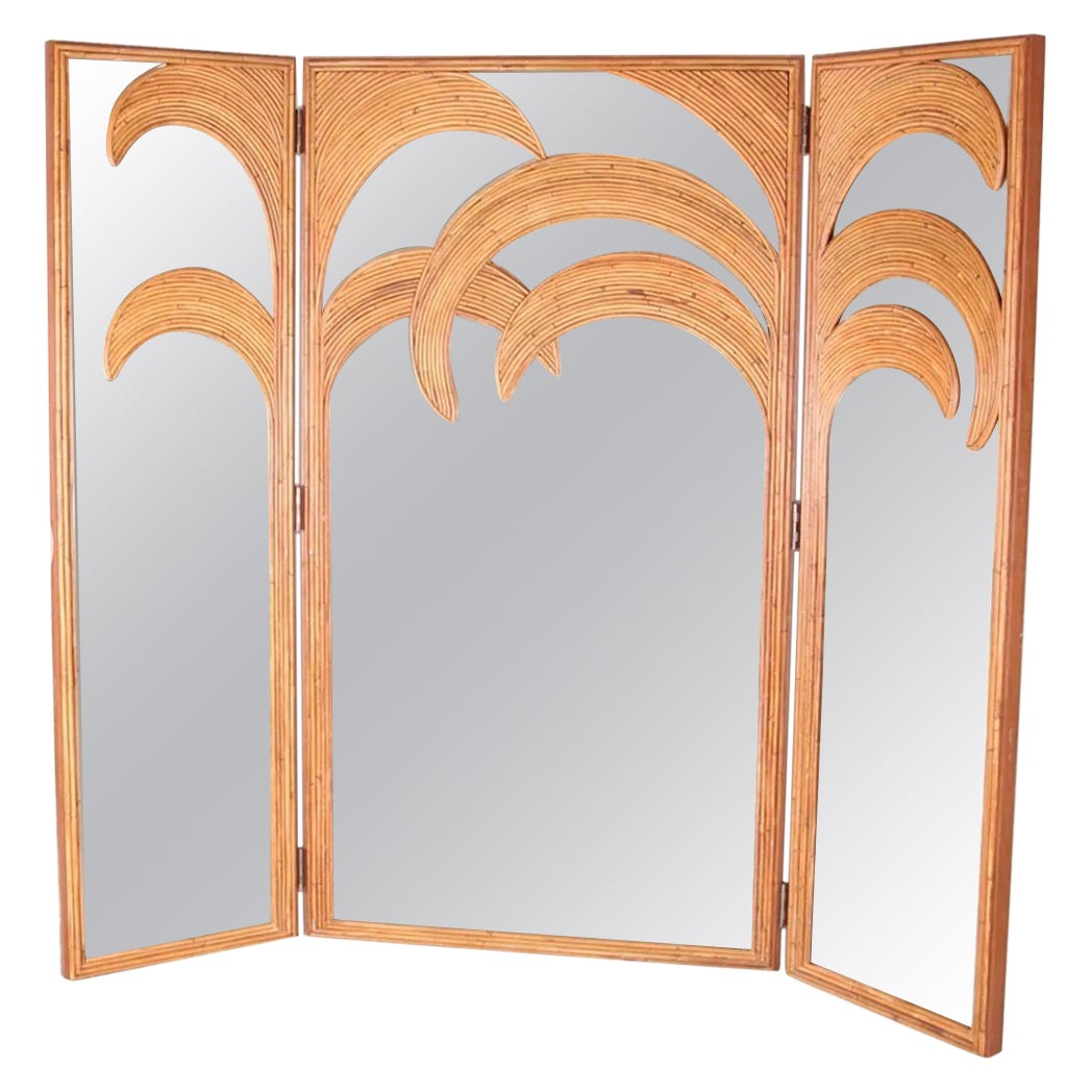 3 Panels Rattan and Mirrored Palm Tree Shaped Folding Screen For Sale