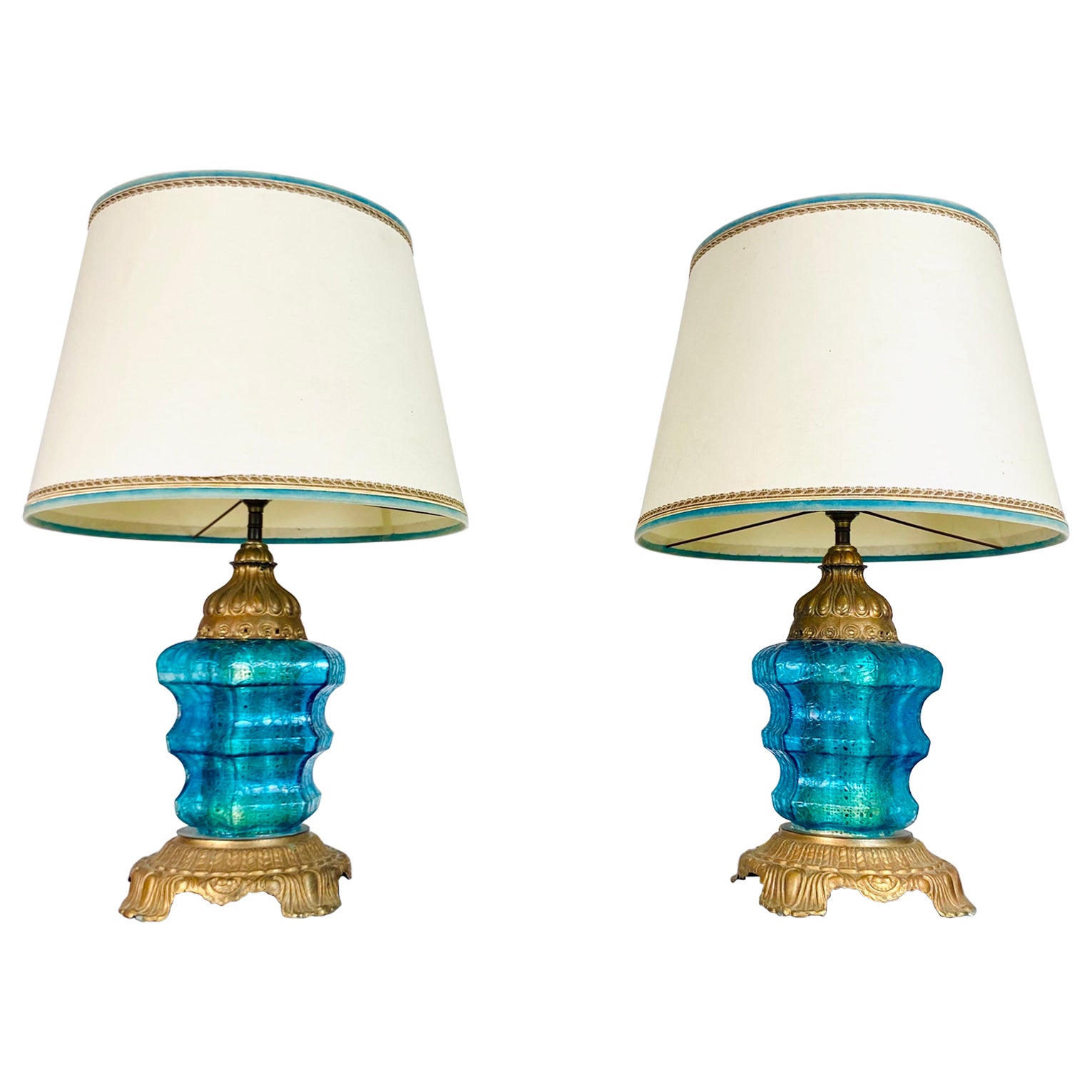 Magnifique paire de lampes en verre de Murano bleu - années 1970