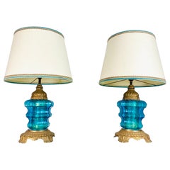 Beautiful Pair of Blue Murano Glass Lamps, 1970s