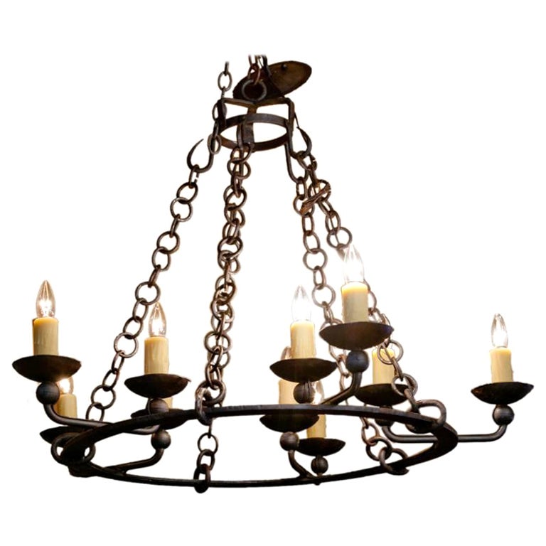 Hand Forged Cutom Iron "Darke" Chandelier with Ten Lights For Sale
