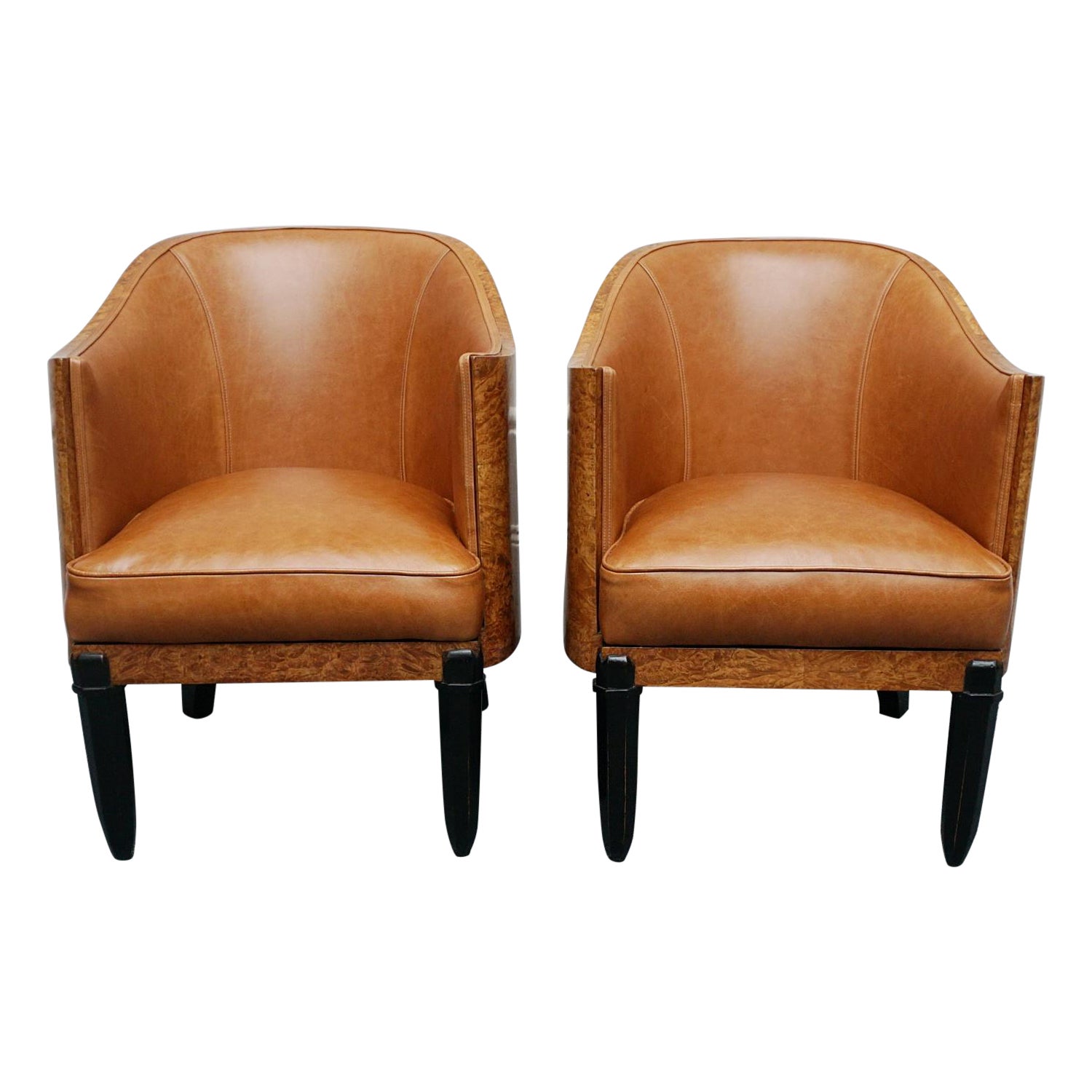 Original Pair of Walnut and Leather Art Deco Club Chairs 