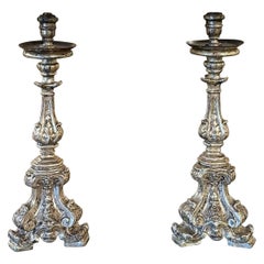 Pair of 19th Century Italian Carved and Silver Gilt Altar Stick Lamps