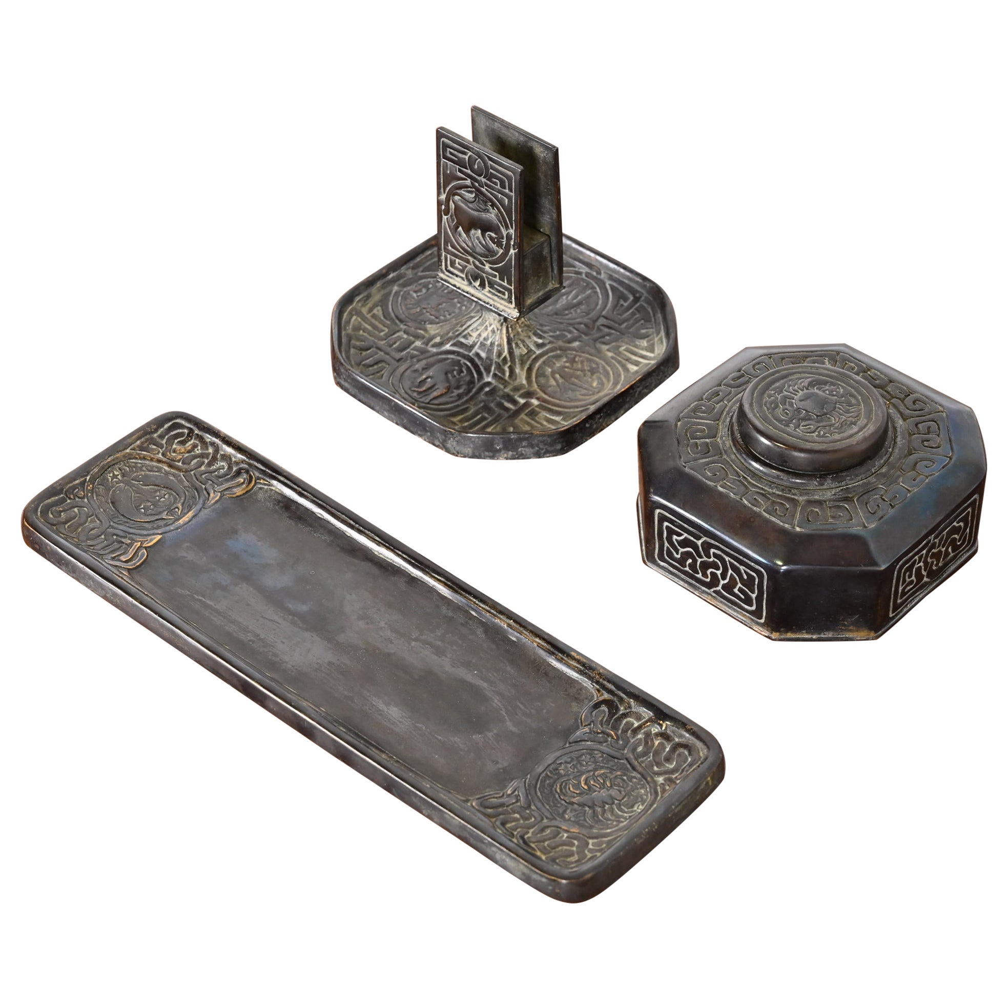 Tiffany Studios New York "Zodiac" Patinated Bronze Desk Accessory Set For Sale