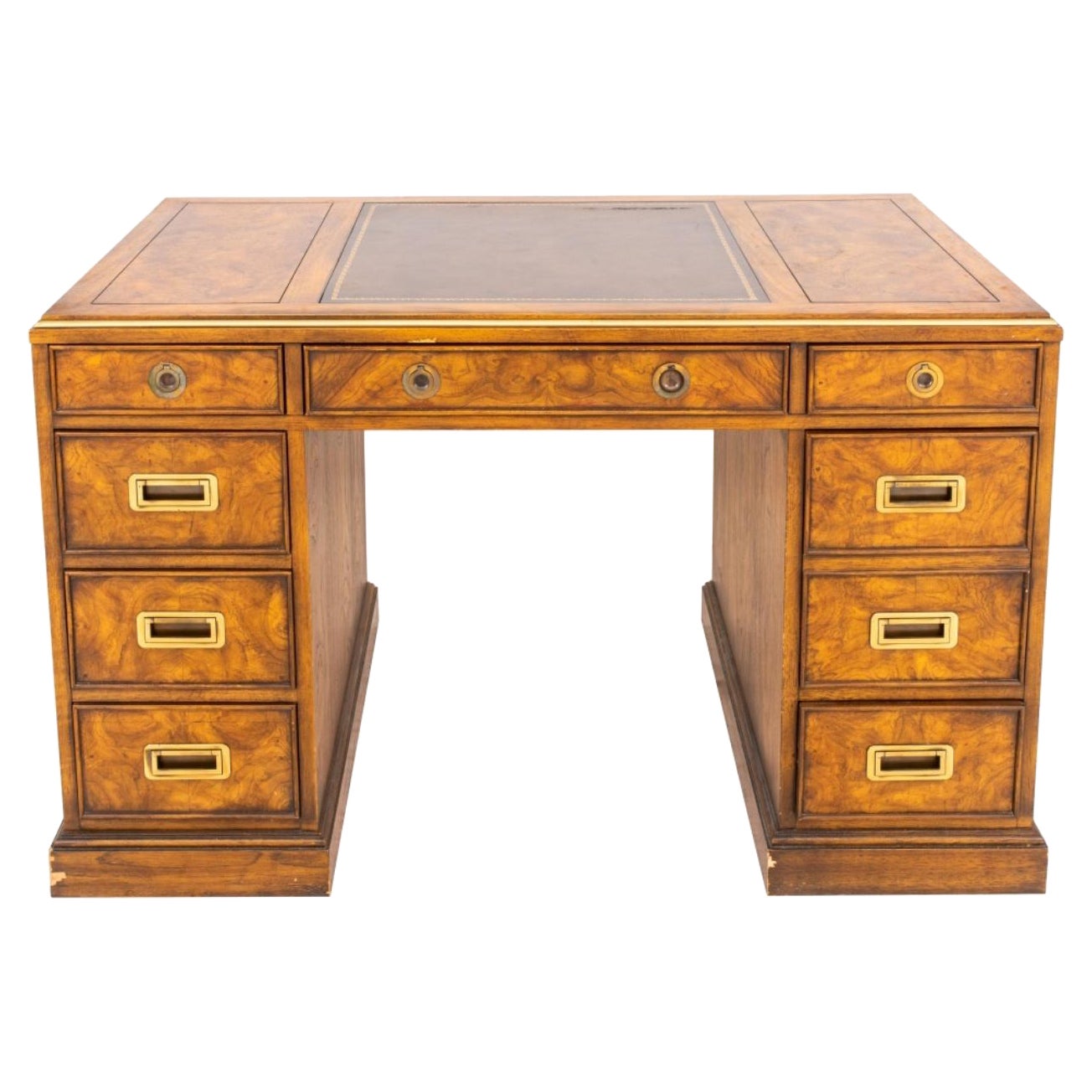 Drexel Campaign Style Oak Double Pedestal Desk For Sale