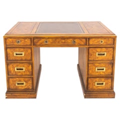 Vintage Drexel Campaign Style Oak Double Pedestal Desk