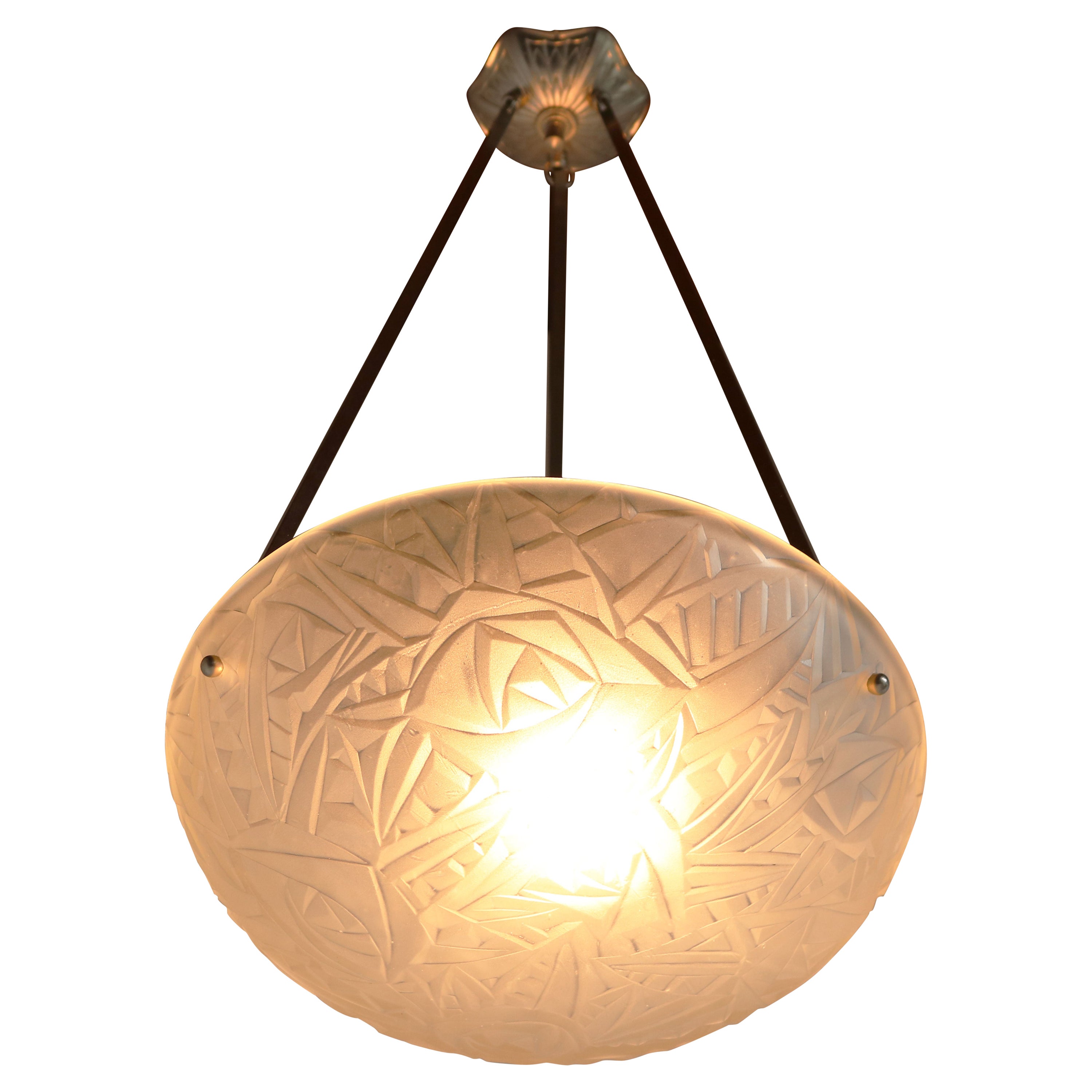 Lampe à suspension Art Déco française ancienne géométrique par Jean Noverdy, 1930 