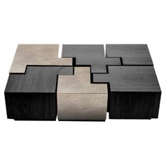 Table à puzzle en chêne noirci et zinc